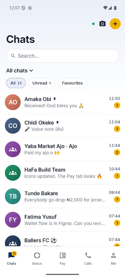 The chat list, with unread badges and group conversations.