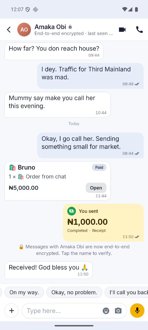 A HaFa chat: a conversation in pidgin with a ₦1,000 payment and a shop order sitting inline among the messages.