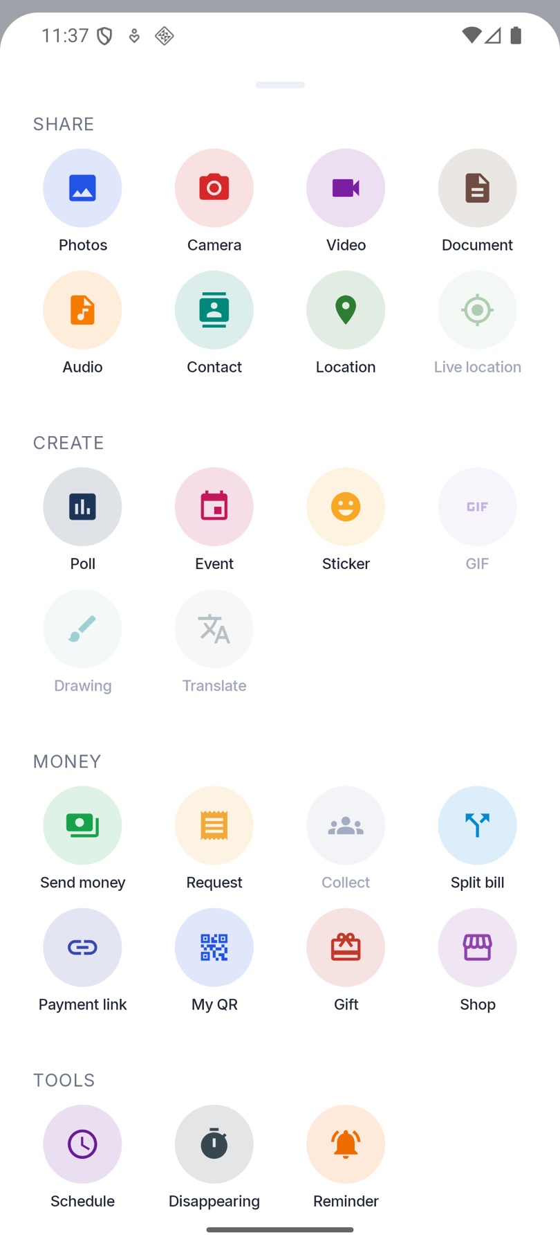 The attach sheet inside a chat: Send money, Request, Split bill, Payment link, My QR, Gift and Shop alongside photos and documents.