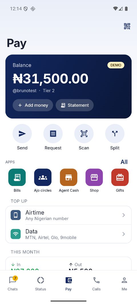The Pay tab: a balance card marked DEMO, with Send, Request, Scan and Split, five money apps and airtime top-up.