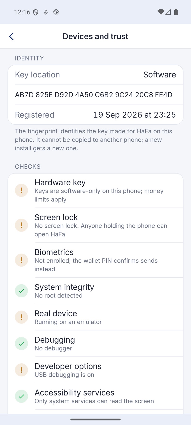 The trust checks screen, showing which hardware checks this device passes and which it fails.