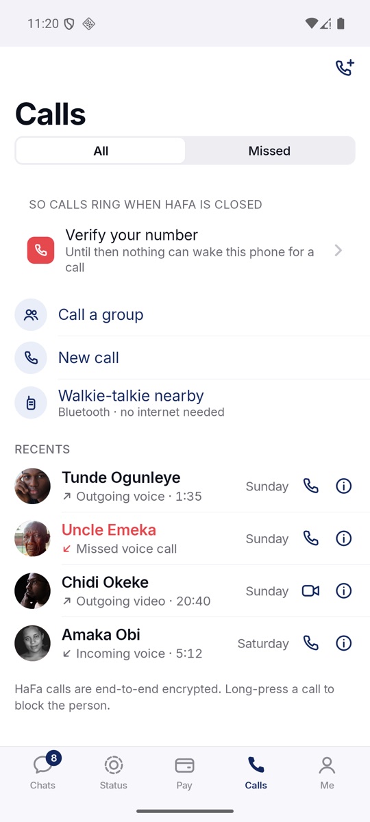 The Calls tab.