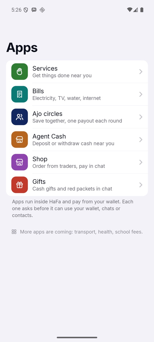 The Apps list.