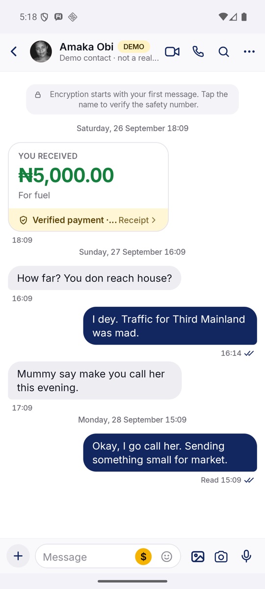 A conversation with a received payment.