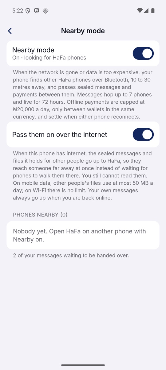 Nearby mode settings.