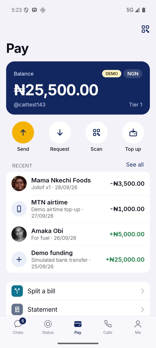 The Pay tab: balance, Send, Request, Scan and Top up.