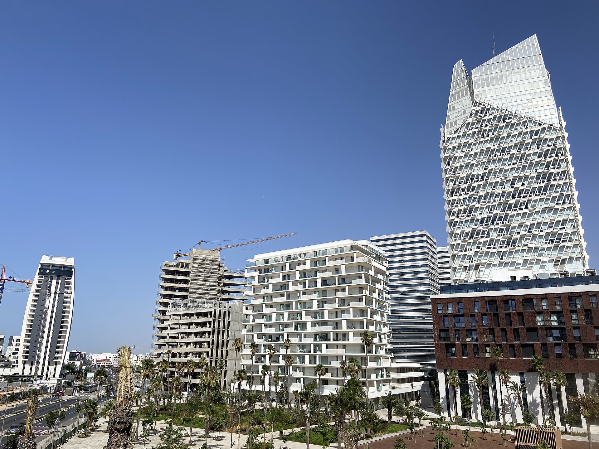 Glass towers and palm-lined plazas of Casablanca Finance City.